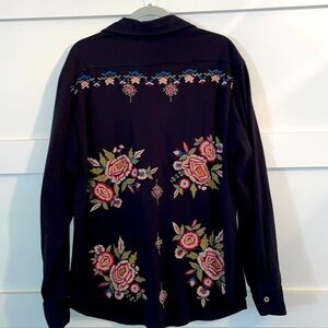 Caite by Athleta Boho Floral Embroidered Long Sleeve Soft Knit Black Plus XXL